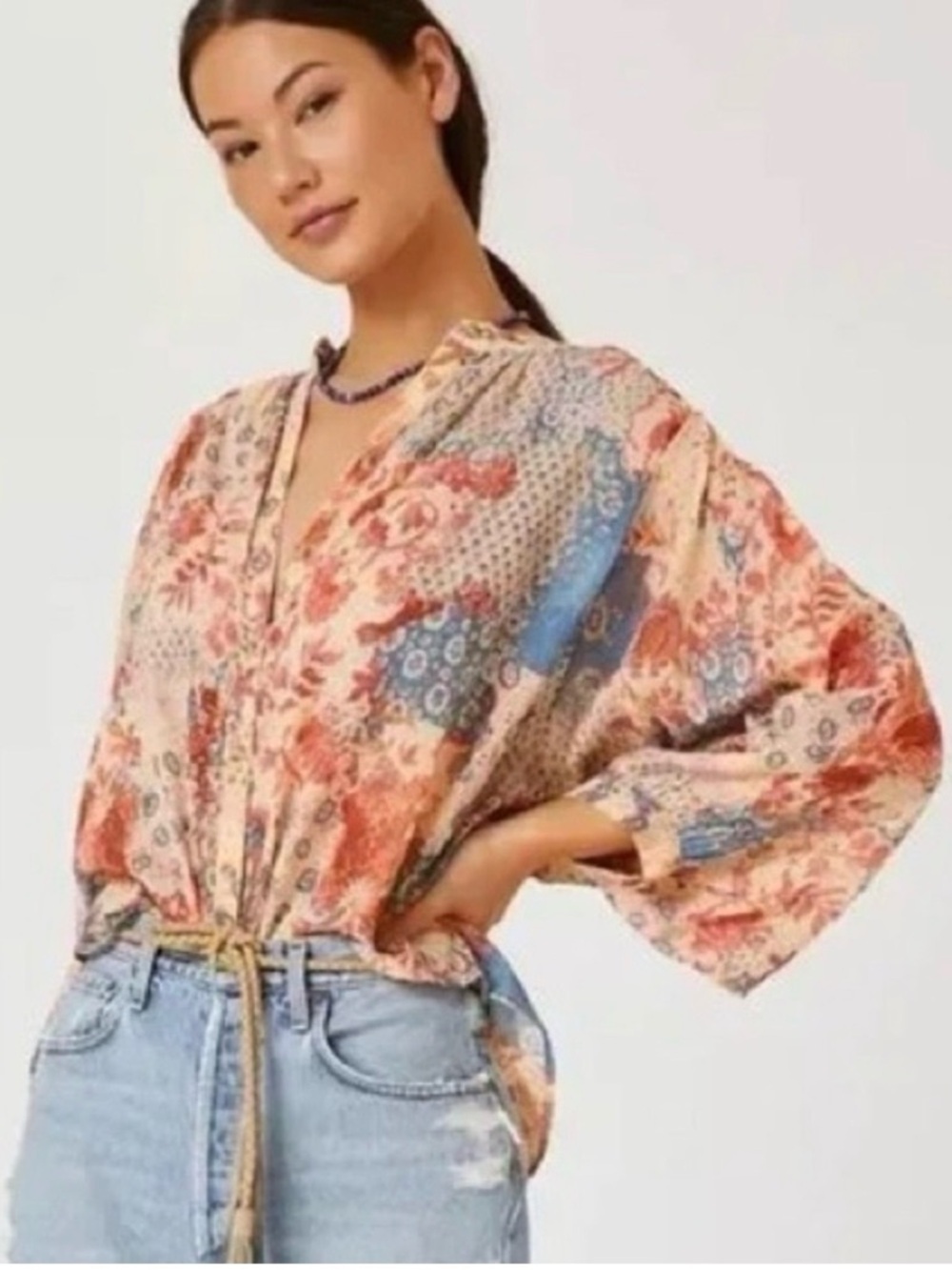 Pilcro Sydney Batwing Blouse XL Petite Patchwork Boho Top Anthropologie Shirt